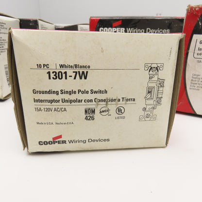 Cooper 1301-7W White Grounding Single Pole Switch 15A 125V Bulk Lot Of 110