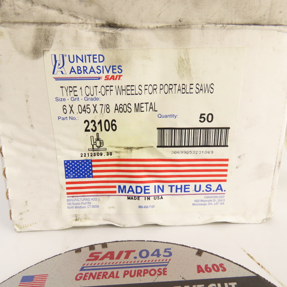United Abrasives 23106 Type 1 6" x .045" x 7/8" Cut-Off Wheels Box Of 50