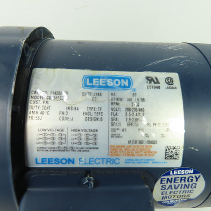 Leeson 114208.00 C6T34FC37D 3/4HP AC Electric Motor 3Ph 230/460V 3450RPM 56J