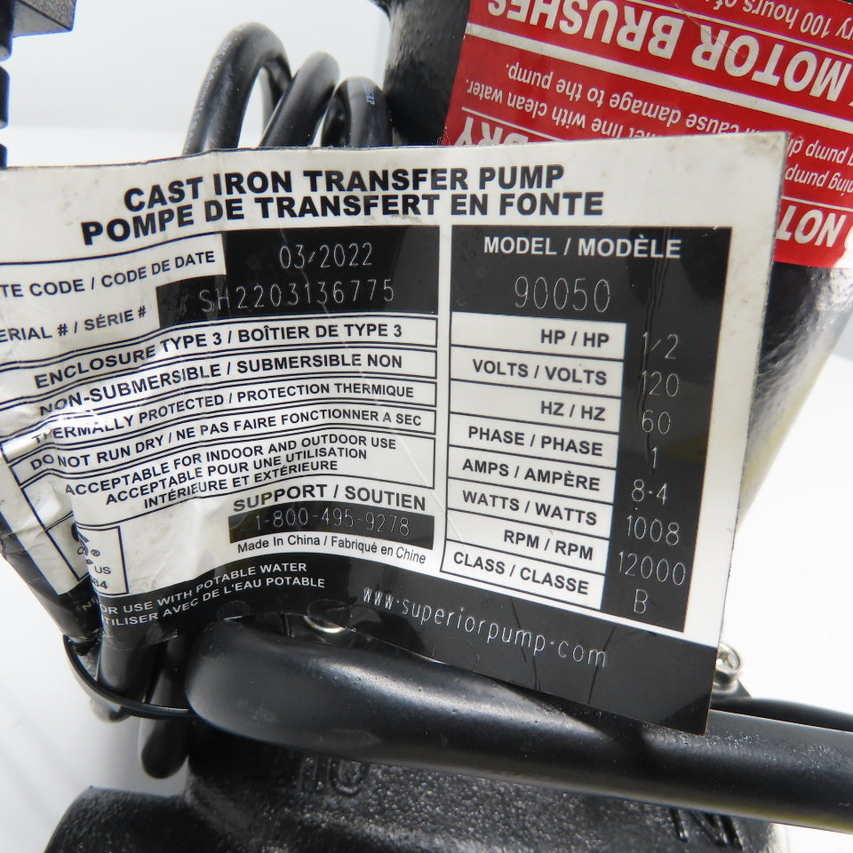 Superior Pump 90050 1/2HP Cast Iron Transfer Pump 120V 1Ph