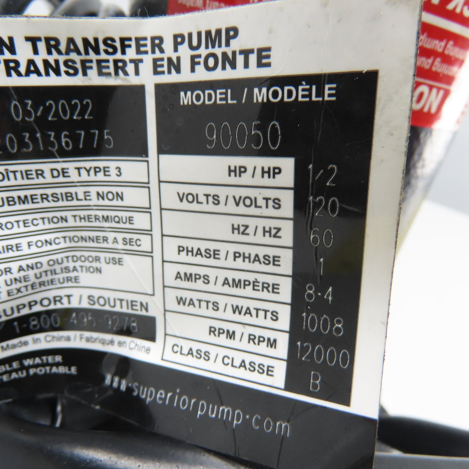 Superior Pump 90050 1/2HP Cast Iron Transfer Pump 120V 1Ph