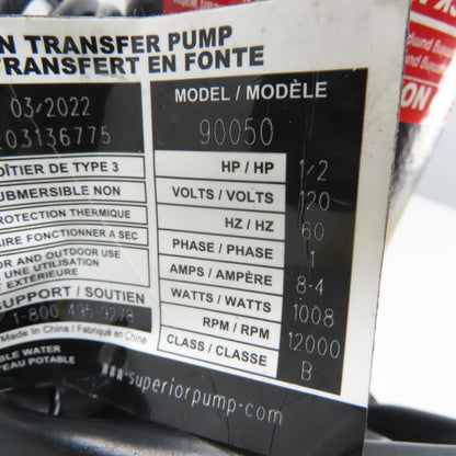 Superior Pump 90050 1/2HP Cast Iron Transfer Pump 120V 1Ph