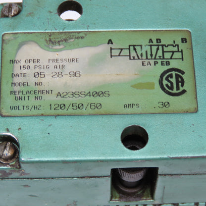 Numatics A23SS400S 2 Way Pneumatic Directional Valve 120V 50/60Hz