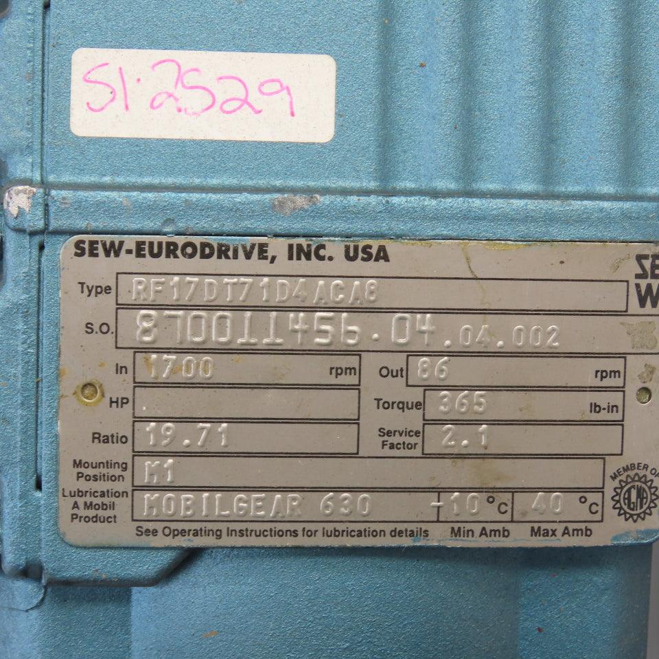 SEW-Eurodrive DFT71D4ACA8 19.71 Ratio Inline Gear Motor 266/460V 3PH .5HP 86RPM