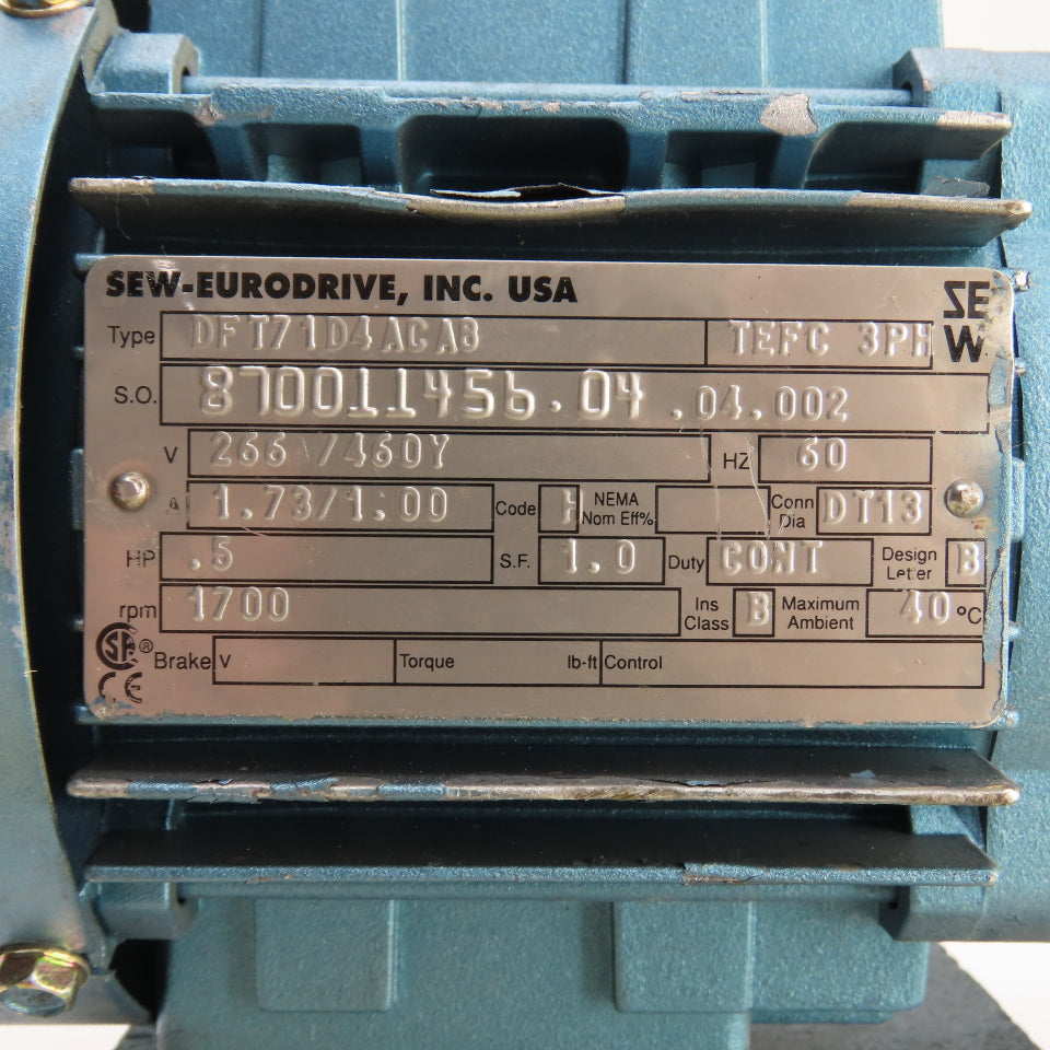 SEW-Eurodrive DFT71D4ACA8 19.71 Ratio Inline Gear Motor 266/460V 3PH .5HP 86RPM
