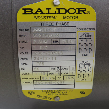 Baldor JMM3311T 7-1/2HP AC Electric Motor 208-230/460V 3PH 1725RPM 213JM Frame