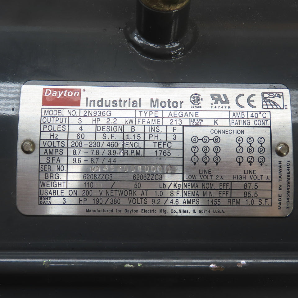 Dayton 2N936G 3HP AC Electric Motor 208-230/460V 3PH 1765RPM 213 Frame NEW