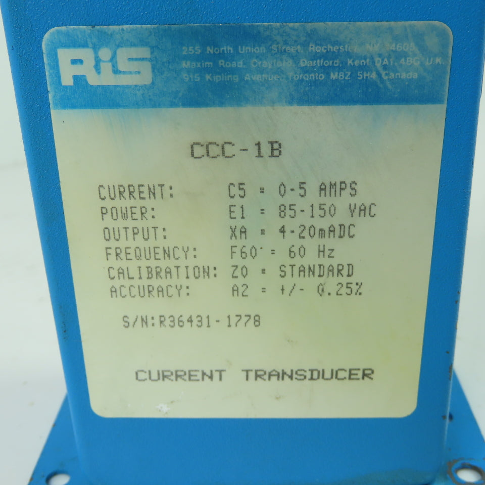 RIS Rochester Instrument CCC-1B Current Transformer 85-150VAC 0-5A 4-20mA
