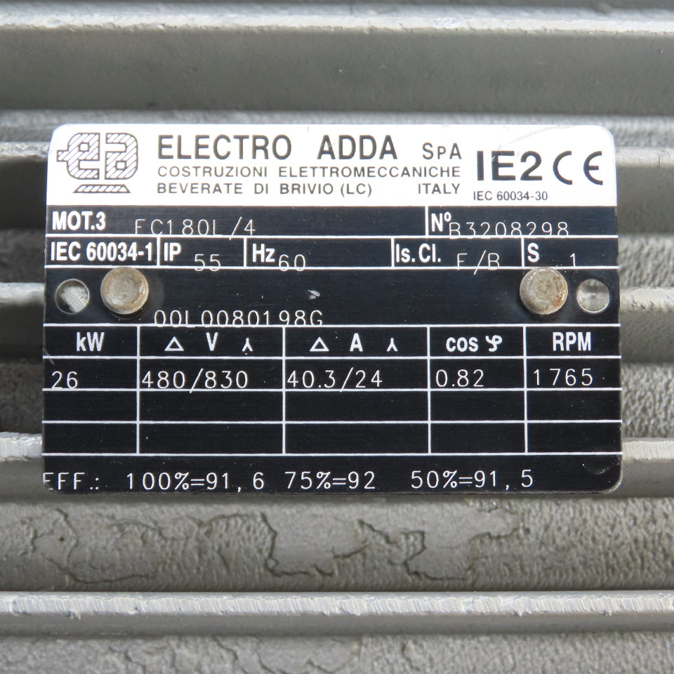 Electro Adda FC180L/4 26kW AC Electric Motor 480/830V 3PH 1765RPM 180L Frame
