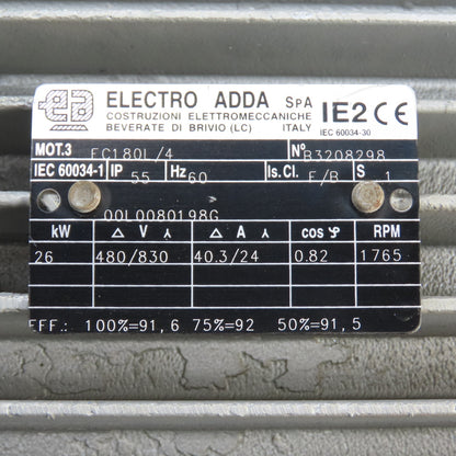 Electro Adda FC180L/4 26kW AC Electric Motor 480/830V 3PH 1765RPM 180L Frame