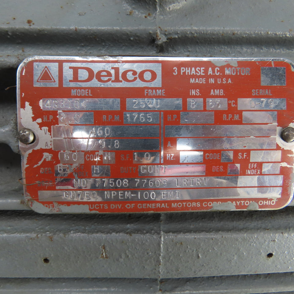 Delco 4G3104 7.5HP AC Electric Motor 460V 3PH 1765RPM 9.8A 254U Frame Tested