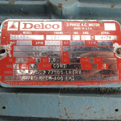 Delco 1G1454 1HP AC Electric Motor 460V 3PH 1155RPM 1.8A 184 Frame Tested