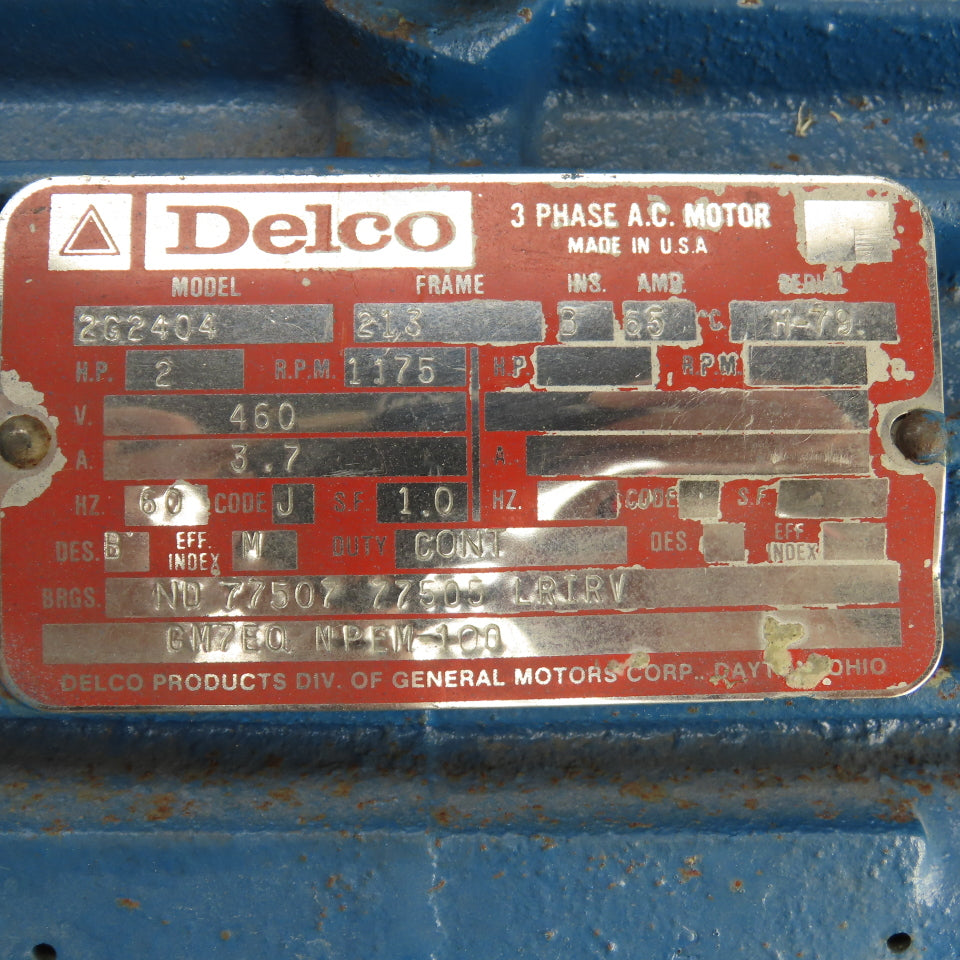 Delco 2G2404 2HP AC Electric Motor 460V 3PH 1175RPM 3.7A 213 Frame Tested