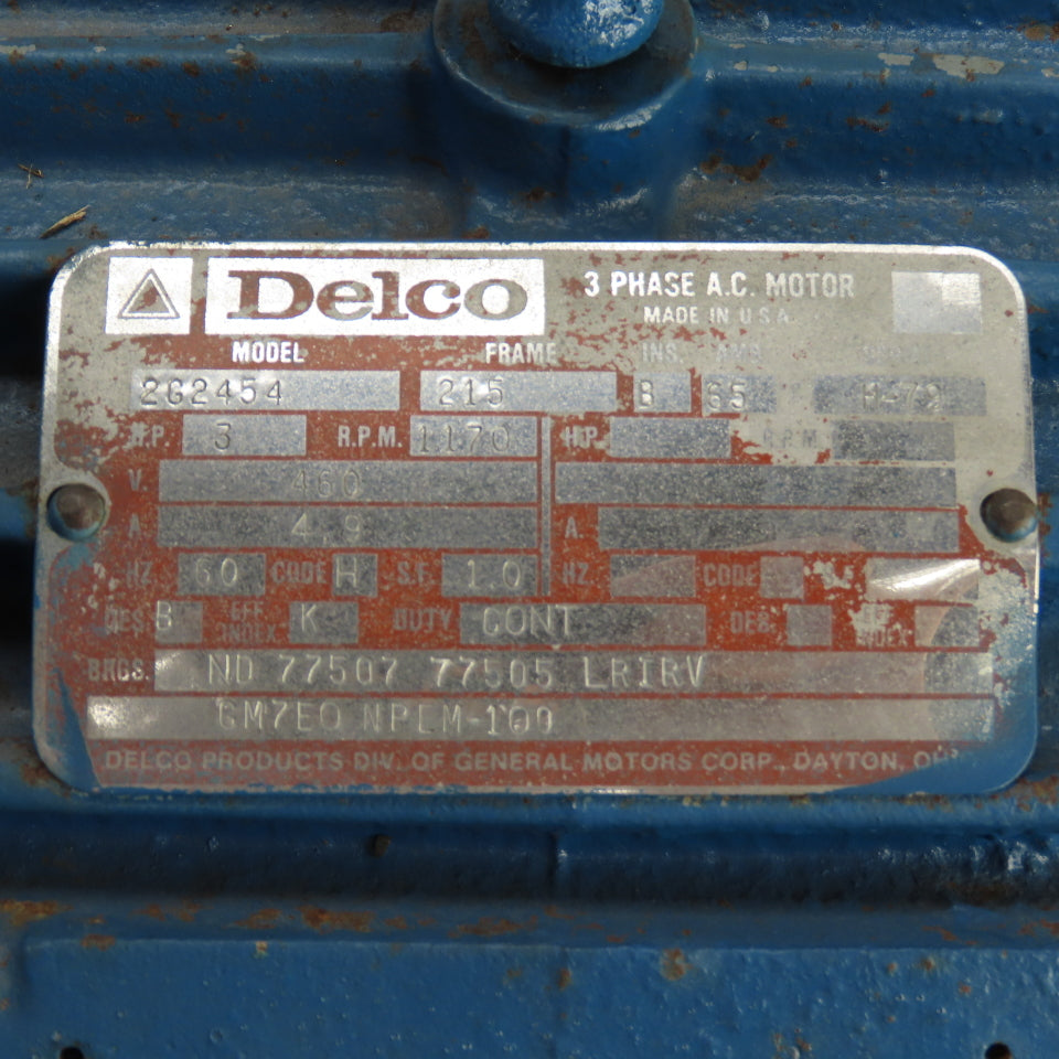 Delco 2G2454 3HP AC Electric Motor 460V 3PH 1170RPM 4.9A 215 Frame Tested