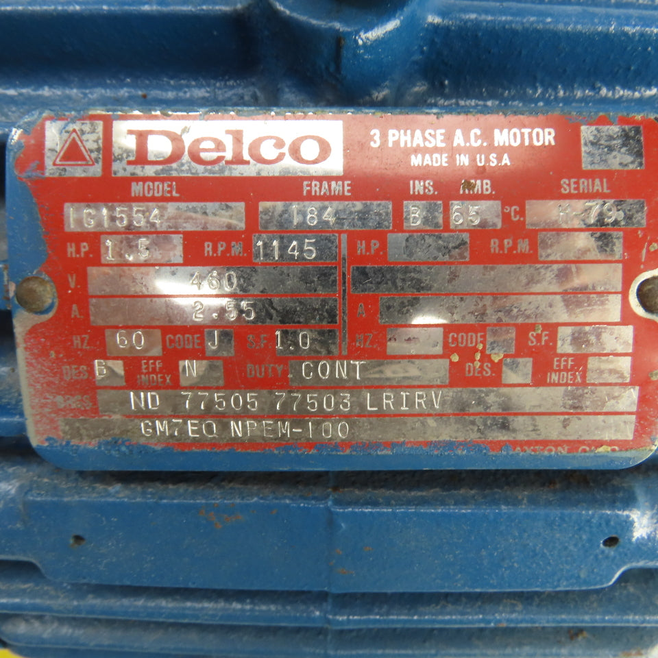 Delco 1G1554 1.5HP AC Electric Motor 460V 3PH 1145RPM 2.55A 184 Frame Tested