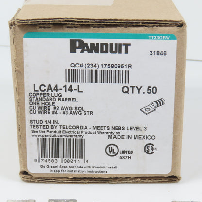 Panduit LCA4-14-L Copper Compression Lug 1-Hole #2AWG SOL #4-#3 AWG STR Lot/10