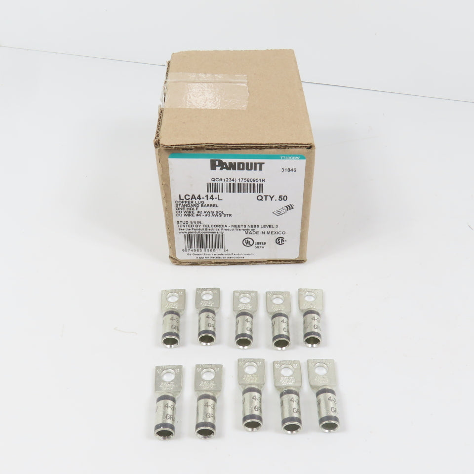 Panduit LCA4-14-L Copper Compression Lug 1-Hole #2AWG SOL #4-#3 AWG STR Lot/10