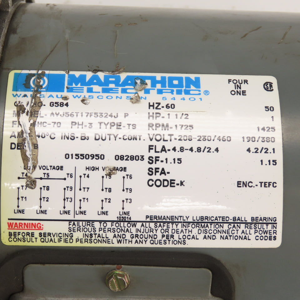 Marathon G584 1.5HP AC Electric Brake Motor 230/460V 3PH 1725RPM 56HC-70 Fr.