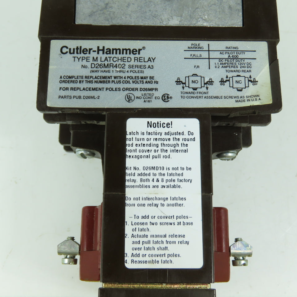 Cutler Hammer D26MR402 Series A3 Type M Latched Relay 600V Max 120V Coil