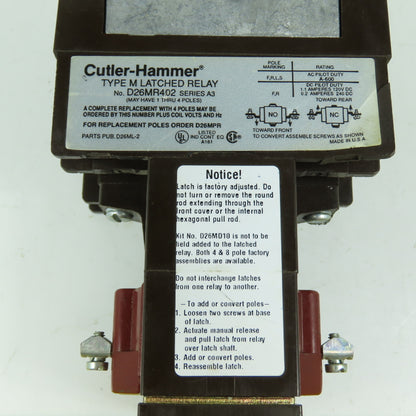 Cutler Hammer D26MR402 Series A3 Type M Latched Relay 600V Max 120V Coil