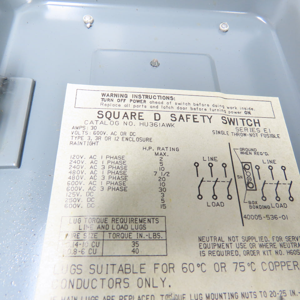 Square D HU36IAWK 30A Non Fusible Safety Disconnect Switch 3Ph 600VAC