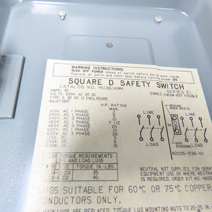 Square D HU36IAWK 30A Non Fusible Safety Disconnect Switch 3Ph 600VAC