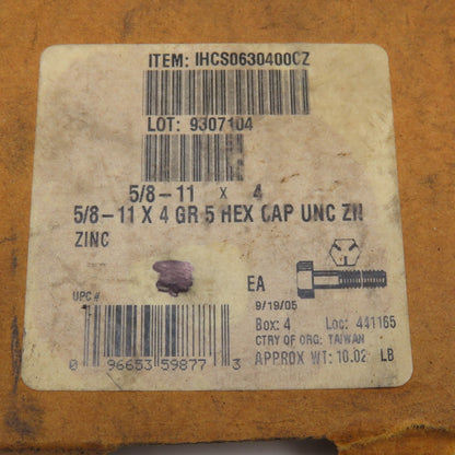 Hodell Natco 5/8"-11 x 4" Grade 5 Hex Cap Screw UNC Zinc Lot Of 10