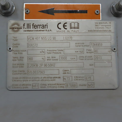 Ferrari VCM 401 N5S LG 90LG270 Backward Blade Impeller Centrifugal Fan 2.2kW 3PH