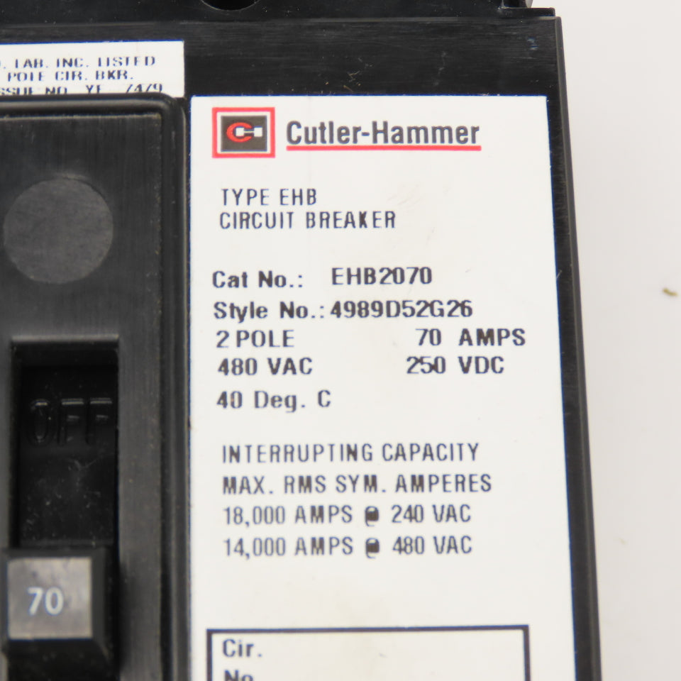 Cutler Hammer EHB2070 70A 2 Pole Circuit Breaker 480VAC 250VDC