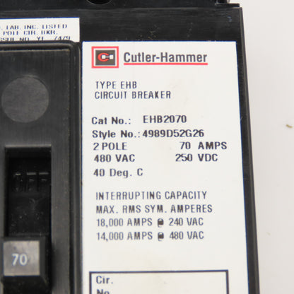 Cutler Hammer EHB2070 70A 2 Pole Circuit Breaker 480VAC 250VDC