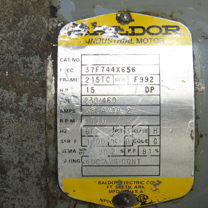 Baldor 37F744X656 15HP Spindle Motor 3ph 230/460V 1760RPM 215TC Frame
