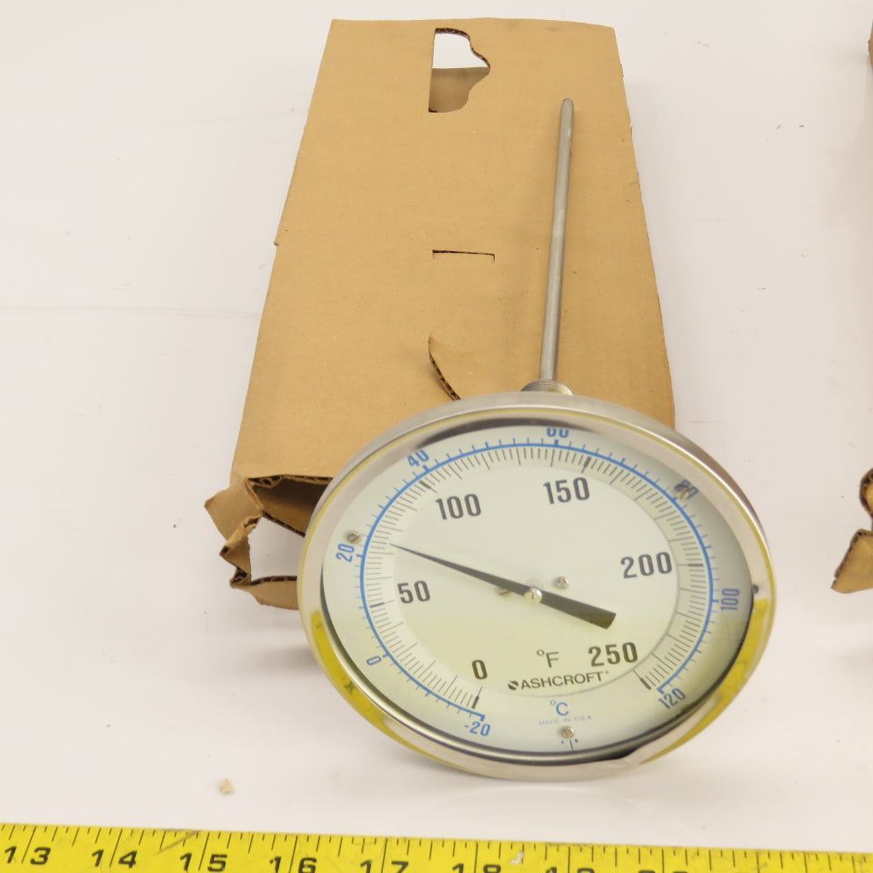 Ashcroft 4.5" Face x 1/2" NPT Mount Temperature Gauge 11" Probe 0-250°F 0-120°C