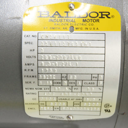 Baldor CM36111 3HP AC Electric Motor 208-230/460V 3PH 1750RPM 182TC Frame Tested
