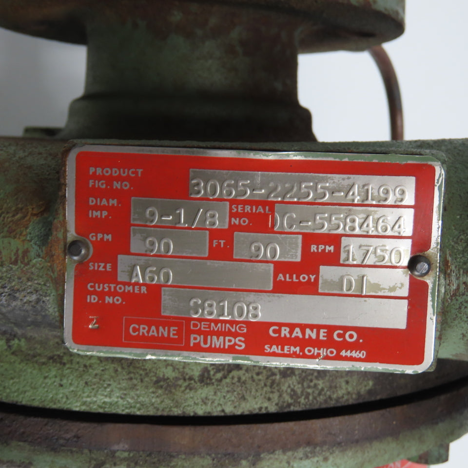 Crane Deming 3065-2255-4199 Size A60 Centrifugal Pump 9-1/8" Impeller 90GPM 3x2"
