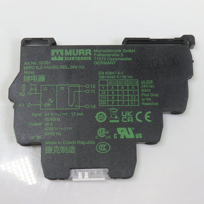 Murr Elektronik 52001 MIRO 6,2-1AUSG.REL.24V-1U Output Relay 24V In 250VAC Out