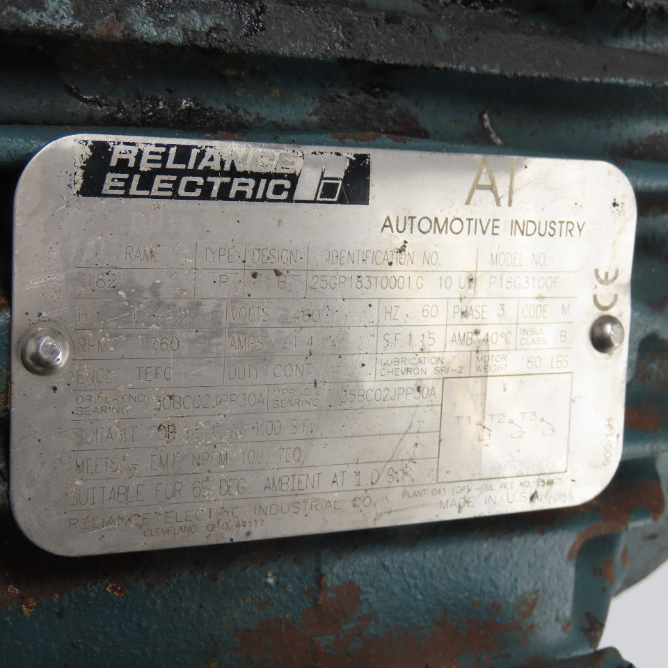 Reliance P18G3100F 1HP AC Electric Motor 3Ph 460v 1760RPM 182 Frame Tested
