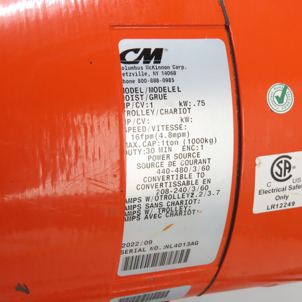 CM Lodestar Model L 1 Ton 2000LB Electric Chain Hoist 16FPM 20'Lift 3Ph 230/480V