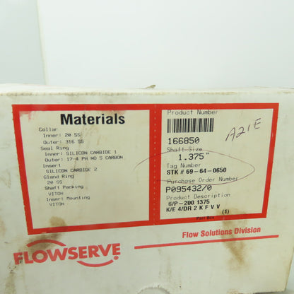 Flowserve 6/ P-200 166850 1.375" Dual Pusher Cartridge Seal For ANSI Pump