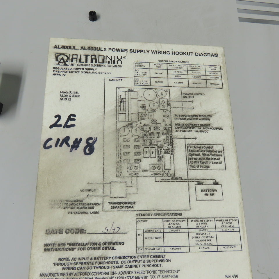Altronix AL400UL Regulated Power Supply Charger 12/24VDC Output 115VAC Input