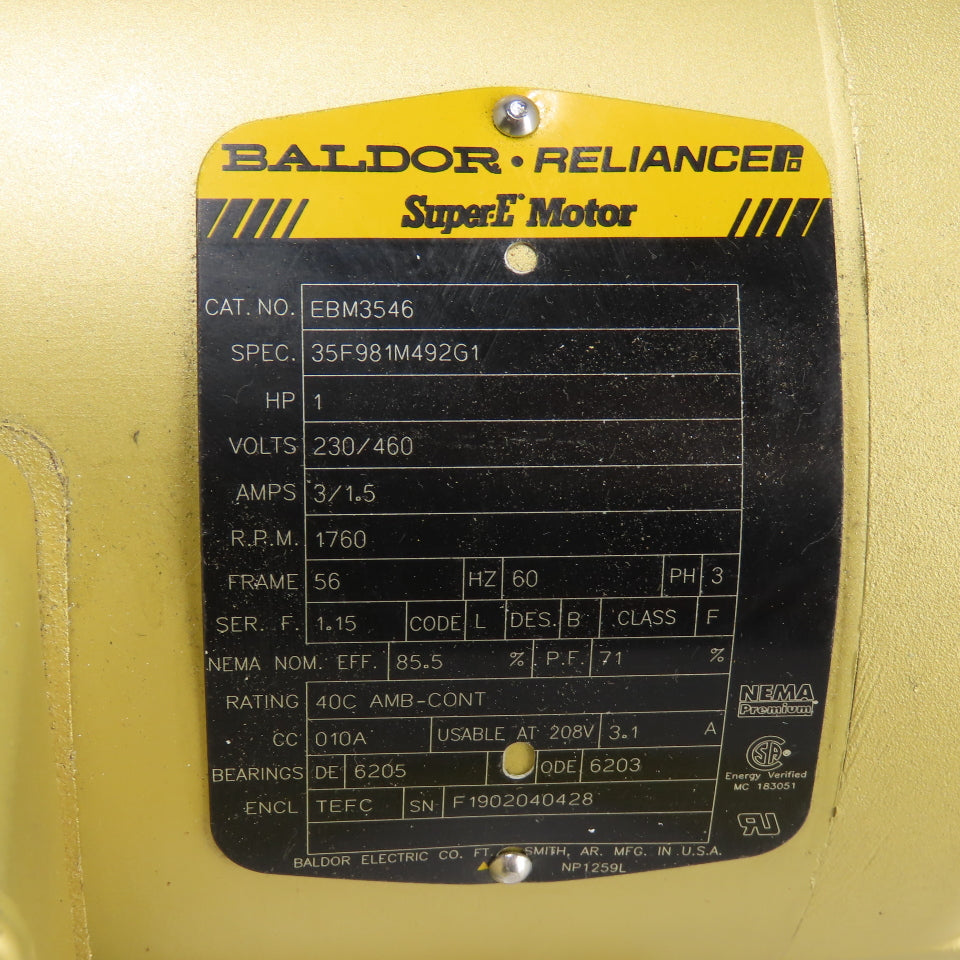 Baldor EBM3546 1HP AC Electric Motor 3Ph 230/460V 56 Frame W/ Brake Tested