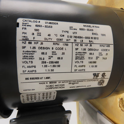 US Motors U1482DCR 0.25HP AC Electric Motor 3Ph 230/480V 1750PM NEW