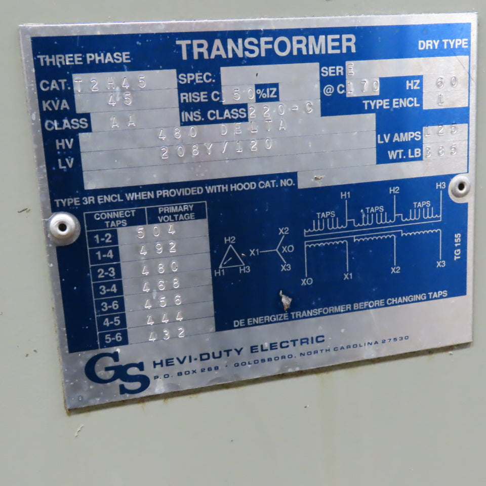 Hevi-Duty T2H45 45kVA 3PH Transformer Pri 480V Sec 208Y/120V W/ Disconnect 100A