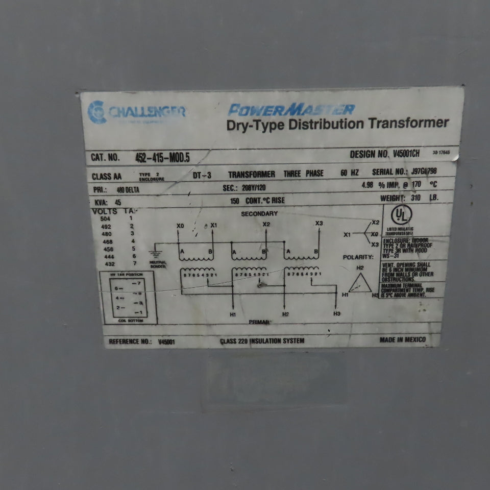 Challenger 452-415-MOD.5 45kVA 3PH Transformer Pri 480V Sec 208Y/120V Switch 30A