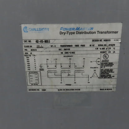 Challenger 452-415-MOD.5 45kVA 3PH Transformer Pri 480V Sec 208Y/120V Switch 30A