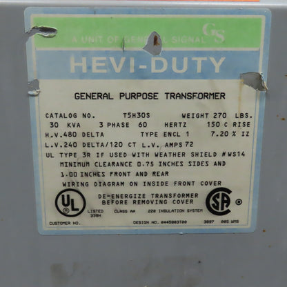 Hevi-Duty T5H30S 30kVA 3PH General Purpose Transformer Pri 480V Sec 208/120V 72A