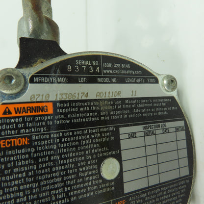 Rebel Protecta AD111DR Retracting Lifeline 11' Long 75-310lbs Capacity