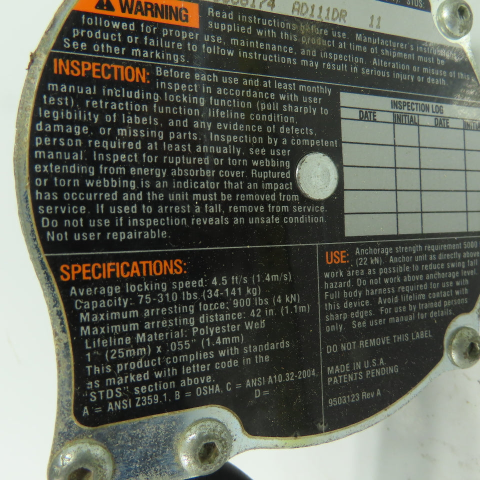 Rebel Protecta AD111DR Retracting Lifeline 11' Long 75-310lbs Capacity