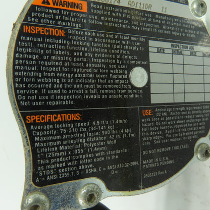 Rebel Protecta AD111DR Retracting Lifeline 11' Long 75-310lbs Capacity