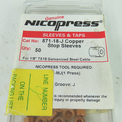Nicopress 871-18-J 1/8" 7x19 Cable Copper Stop Sleeves Lot Of 45