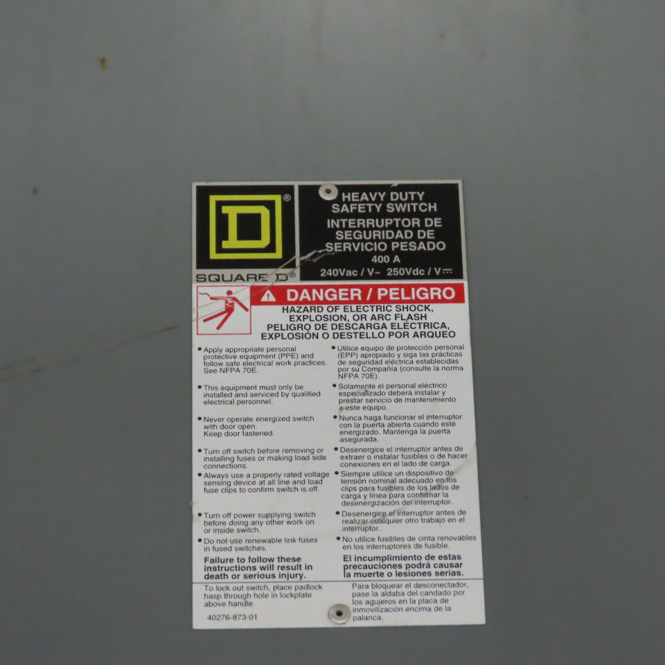 Square D H325N 400A 3-Pole Single Throw Fusible Safety Disconnect Switch 240VAC